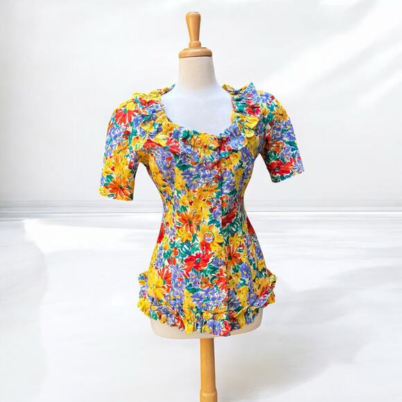 VTG Oscar de la Renta Studio Silk Blouse Top Jacket Small Floral Button Ruffles - Picture 1 of 14